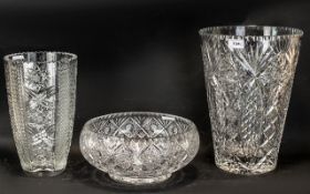 Three Pieces of Lead Crystal, to include two vases and a bowl, largest vase 14" tall x 10" diameter,