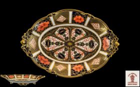 Royal Crown Derby Fine Quality - Old Imari Pattern Single Gold Banded Oval Shaped Footed Dish.