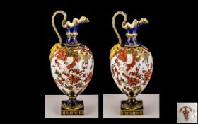 Royal Crown Derby Fine Pair of Large Mask Handled Jugs of bulbous form,