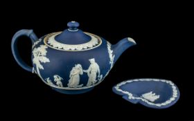 Wedgwood Jasper Ware Blue & White Teapot, with A Wedgwood Shaped Pin Tray.