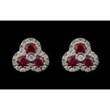 Ladies - Attractive Pair of 9ct White Gold Diamond and Ruby Set Earrings, In a Shamrock Design.