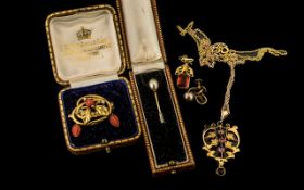 A Small Mixed Lot of Antique Jewellery, to include a coral and seed pearl brooch (with repairs),