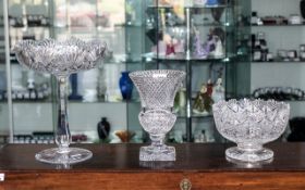 Three Pieces of Lead Crystal Cut Glass consisting of a tall footed comport (13 inches high),