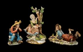 Three Capodimonte Figures comprising a boy with ducks and ducklings,