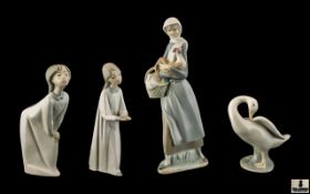 Lladro Porcelain Figures ( 4 ) In Total. Various Subjects. All 1st Quality. Tallest Figure 10 Inches