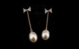 White Fresh Water Pearl Drop Earrings, single white cultured pearls suspended,