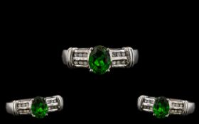 Ladies 9ct White Gold - Attractive Green Tourmaline and Diamond Set Dress Ring. Marked 9ct to