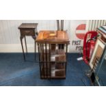 Reproduction Mahogany Inlaid Top Two Tier Revolving Book Stand with slatted sides,
