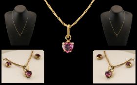 Ladies 9ct Gold - Attractive Pink Stone Set Pendant and Matching Pair of Earrings. The Pendant