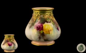 Royal Worcester Hand Painted and Signed Porcelain Vase of Pleasing Proportions ' Roses ' Stillife.