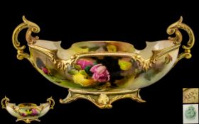 Royal Worcester - Signed Fine Hand Painted Porcelain Twin Handle Boat Shaped Floral Centrepiece