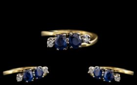 18ct Yellow and White Gold Diamond and Blue Sapphire Set Dress Ring - From the 1960's. Marked 18ct