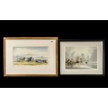 Collection Two Watercolours, comprising: watercolour of beach scene with three boats on shore,