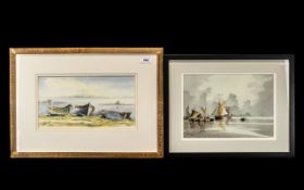 Collection Two Watercolours, comprising: watercolour of beach scene with three boats on shore,