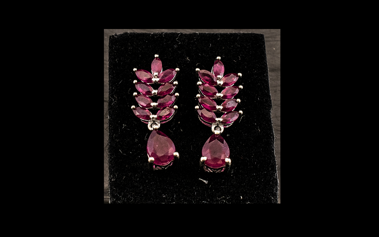 Ruby Chevron and Drop Earrings, 7cts of rubies,