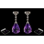 Ladies - Superb Pair of 18ct White Gold Amethyst and Diamond Set Earrings - Drops, Wonderful