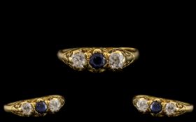 18ct Gold Attractive 3 Stone Diamond and Sapphire Set Ring - In An Ornate Gallery Setting. Fully