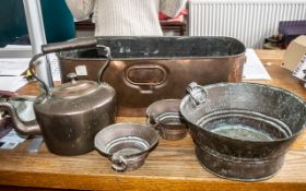 Collection of Vintage Copper Items comprising a copper kettle; a large and two small copper pots;