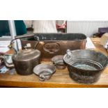 Collection of Vintage Copper Items comprising a copper kettle; a large and two small copper pots;