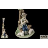 Nao by Lladro Tall Hand Painted Porcelain Figural Lamp Base ' Young Shepherd Boy ' Seated on a