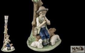 Nao by Lladro Tall Hand Painted Porcelain Figural Lamp Base ' Young Shepherd Boy ' Seated on a