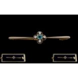 Edwardian Period - Nice Quality 15ct Gold and Platinum Diamond and Aquamarine Set Brooch.