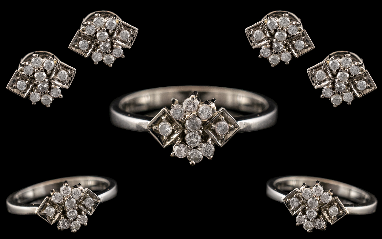 A Contemporary and Attractive Platinum - Diamond Set Jewellery Suite ( 3 ) Comprises of Dress Ring
