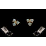 9ct Gold Opal Earrings, gold earrings set with three opals to each,