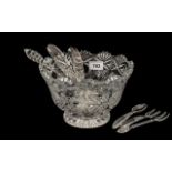 Heavy Cut Glass Footed Bowl, complete with matching serving forks and spoon.