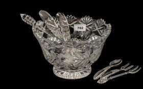 Heavy Cut Glass Footed Bowl, complete with matching serving forks and spoon.