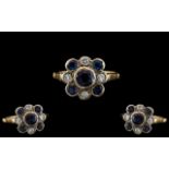 Antique Period - Attractive / Old 18ct Gold Sapphire and Diamond Set Dress Ring - Cluster Setting.