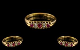 Antique Period 18ct Gold Attractive 7 Stone Ruby and Diamond Set Ring - Gallery Setting. Full