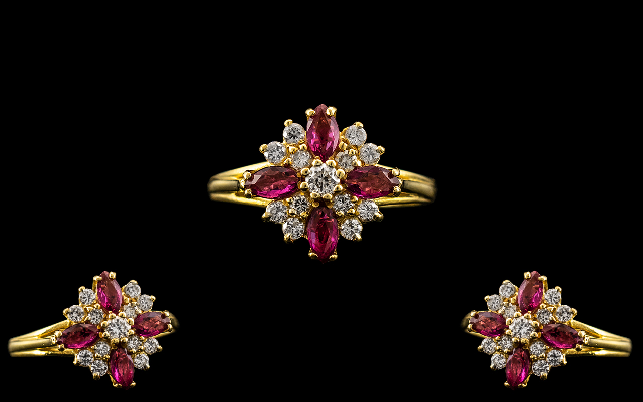 18ct Gold - Ladies Attractive Diamond and Ruby Set Ring In a Flower head Setting.