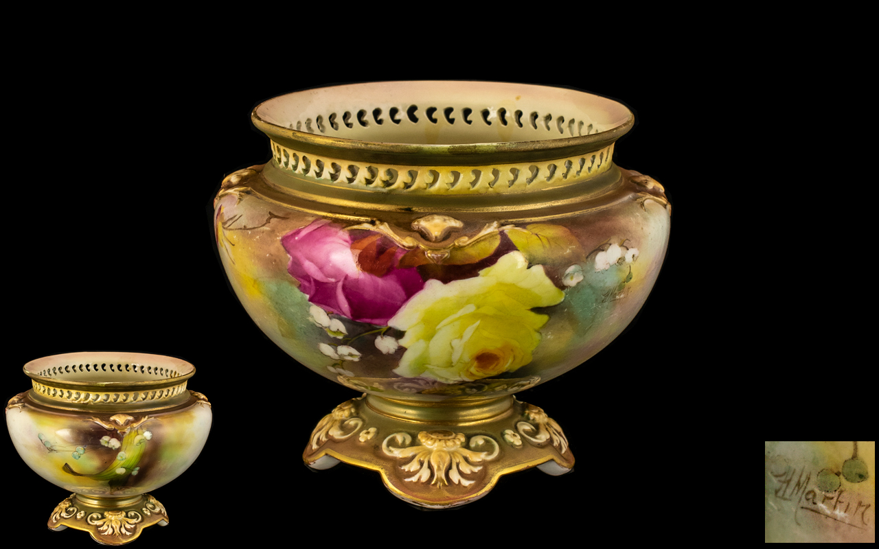 Royal Worcester Hand Painted Floral Vase of Bulbous Form with Reticulated Border ' Roses ' Stillife,