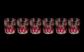 Cranberry Glass - Suite of Six Engraved 3" Tumblers, made in Czechoslovakia, beautifully decorated,