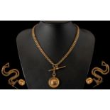 Edwardian Period Good Quality 9ct Rose Gold Double Albert Chain with Attached T-Bar and Medal.