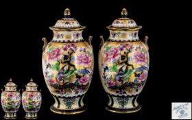 Losol Ware Keeling and Co Superb Quality Pair of Handpainted Twin Handle Lidded Vases of pleasing