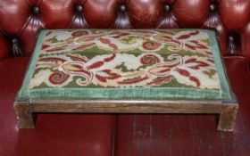 Tapestry Top Low Foot Stool raised on four square legs, with dark green and red tapestry top. 4''