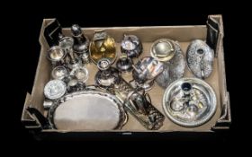 Box of Assorted Plated Ware and associated items, to include trays, footed bowl, candlesticks,