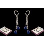 Ladies 18ct White Gold Superb Pair of Exquisite Diamond and Sapphire Set Drop Earrings.