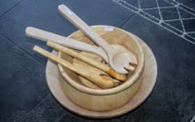Collection of Wooden Salad Bowls and Servers, comprising three rustic wooden bowls,