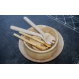 Collection of Wooden Salad Bowls and Servers, comprising three rustic wooden bowls,