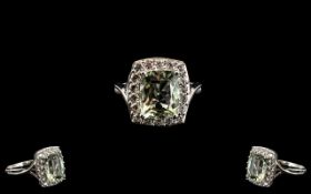 Green Amethyst Halo Ring, a cushion cut green amethyst of 4cts, the sparkling, mint green stone,