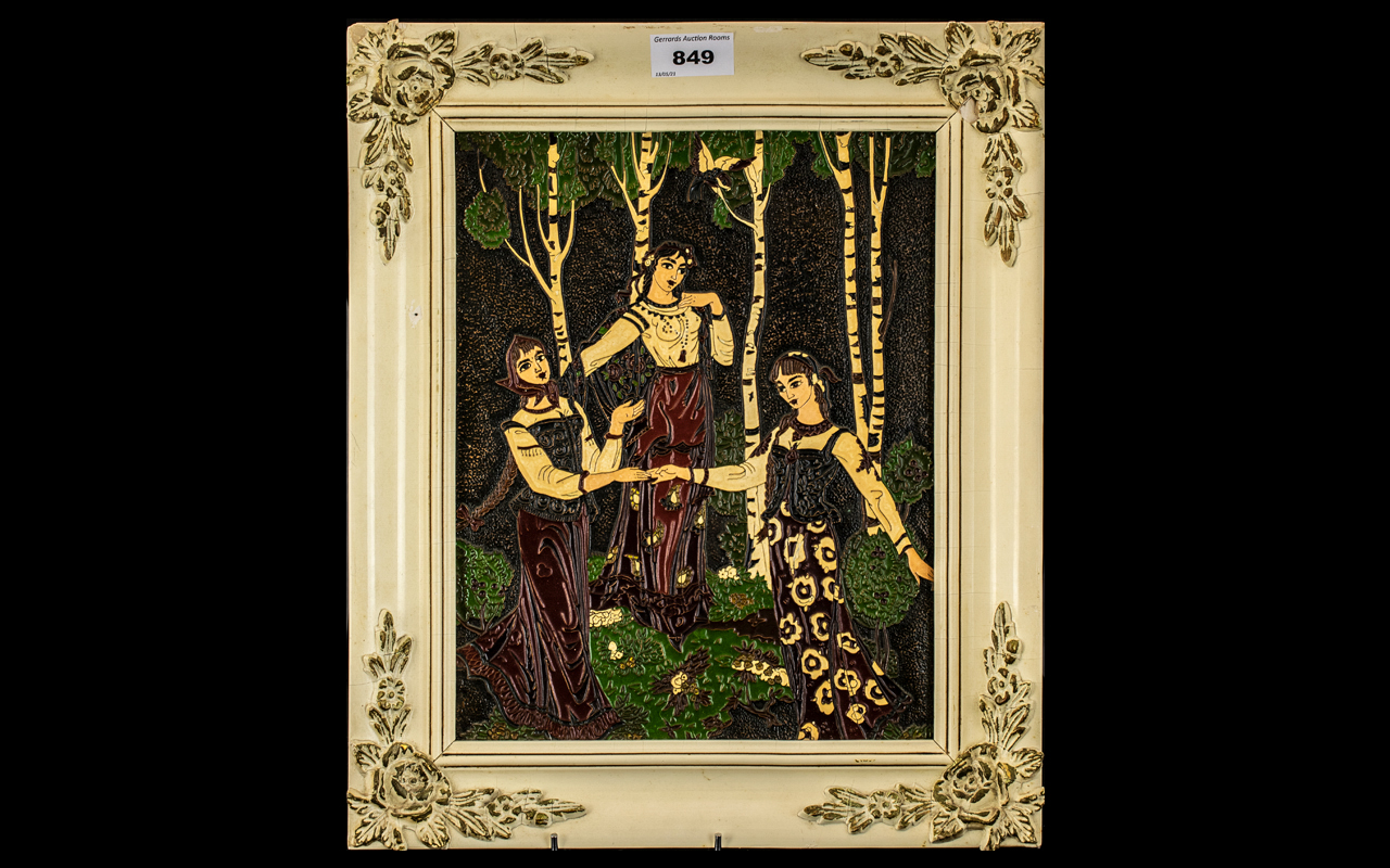 An Oriental Carved and Lacquered Metal Panel depicting Russian girl folk dancing in traditional