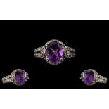 Ladies - Attractive 9ct White Gold Amethyst and Diamond Set Dress Ring.