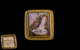 Georgian Gold and Hand Painted Brooch, early 19thC brooch with hand painted centre of a cascading