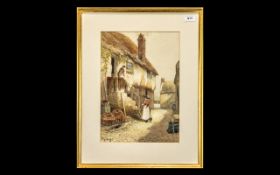 Victorian Watercolour Drawing of a Village Street Scene, with Figures Outside a Fisherman's Cottage.