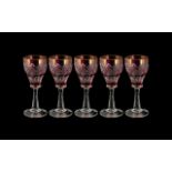 Cranberry Glass - Suite of Five Engraved Sherry Glasses.