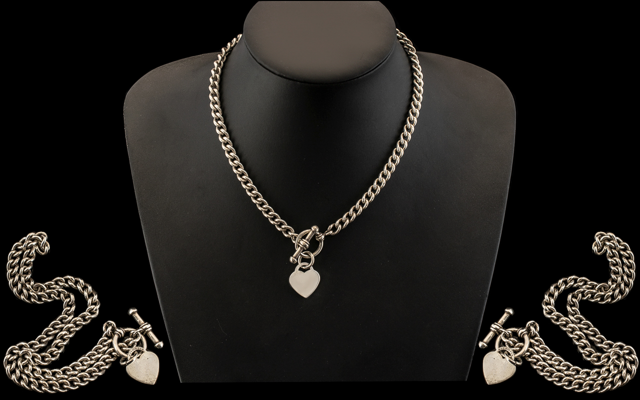Excellent Quality Sterling Silver Albert Chain with Attached Heart Shaped Tag and T-Bar.