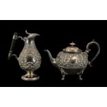 Two Victorian Embossed Pewter Metal Teapot and Hot Water Jug. Stamped S.B.M.